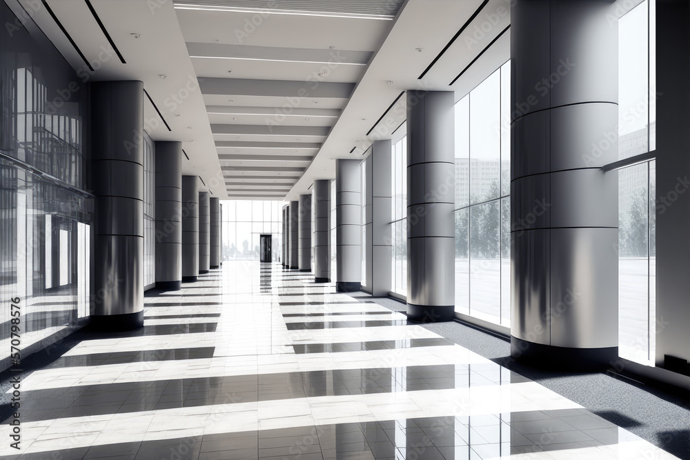 Empty entrance hall of modern public station or large convention center lobby . Contemporary beautif