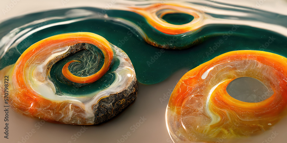 Sedate realistic marco detailed orange and teal alcohol ink ripples pattern in agate design. Closeup