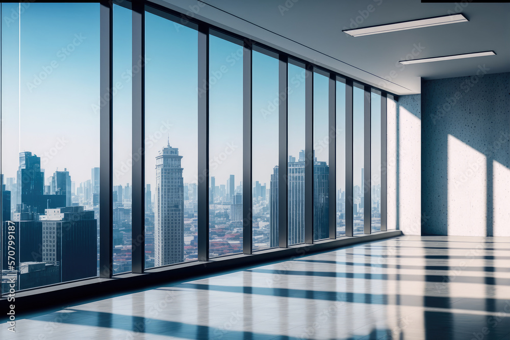 Empty modern office background in city center . Workspace interior design . Clean and bright office 