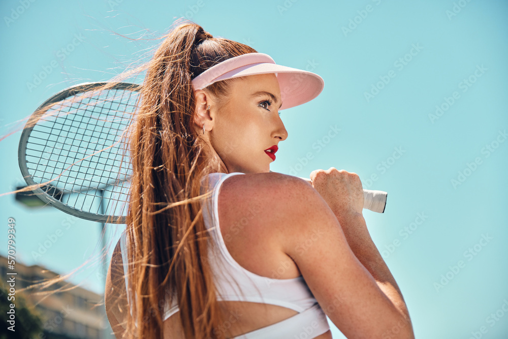 Woman back, tennis game and beauty in outdoor sunshine for fitness, wellness and fashion for sports 