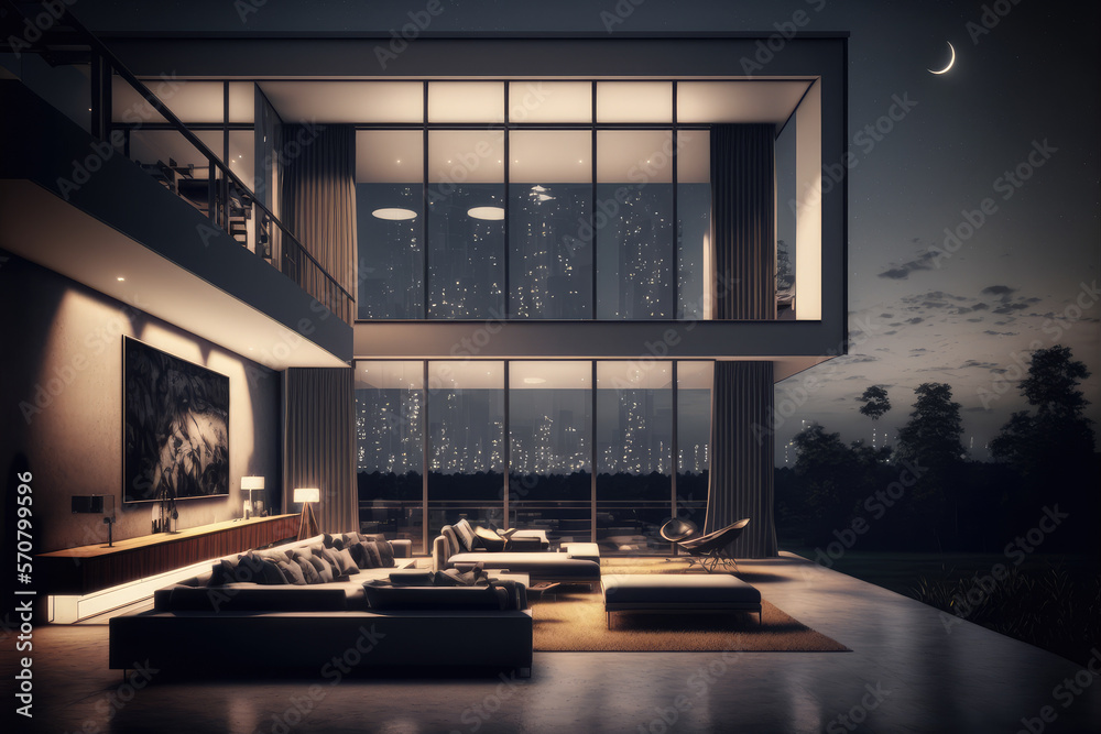 Luxury house with sitting area at night . Modern design of home architecture exterior. Peculiar AI g