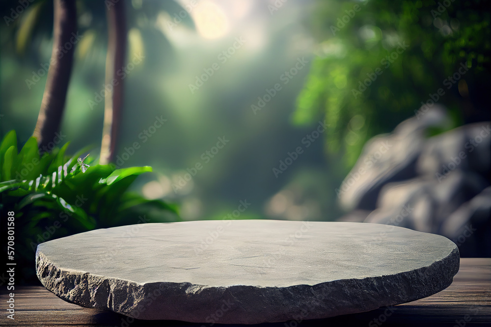 Empty stone table for product advertising display in fresh green jungle blur background . Admirable 