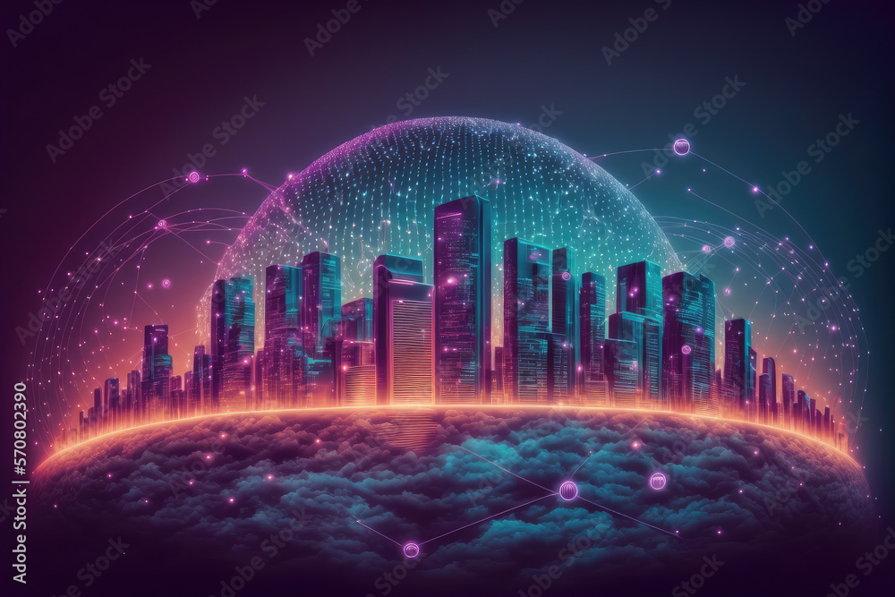 Futuristic smart city internet network connection through wireless system. Peculiar AI generative im