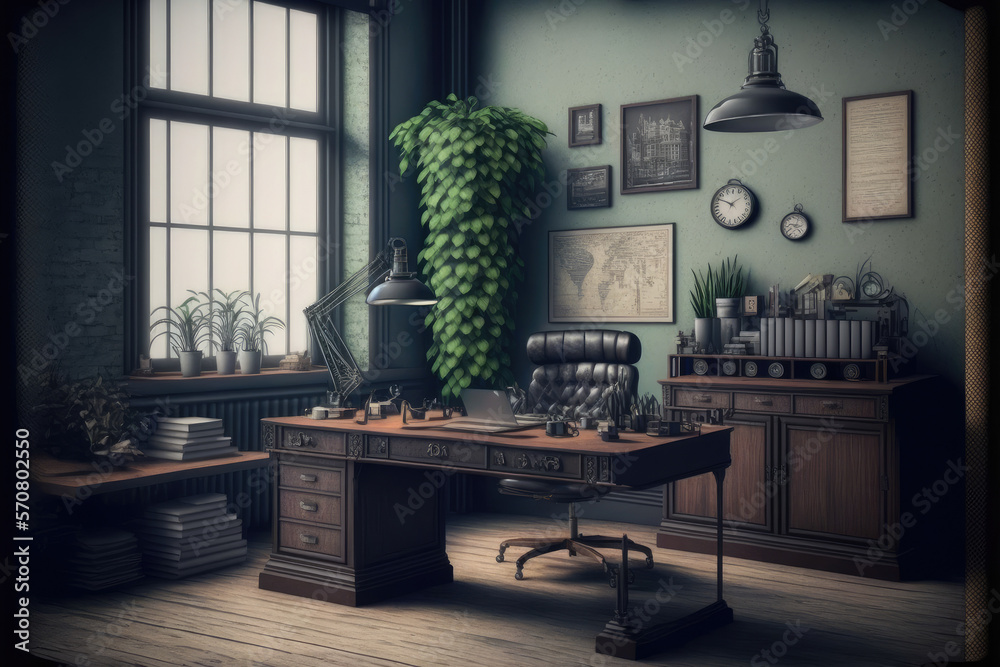 Antique home interior with working space and study desk in elegant room. Peculiar AI generative imag