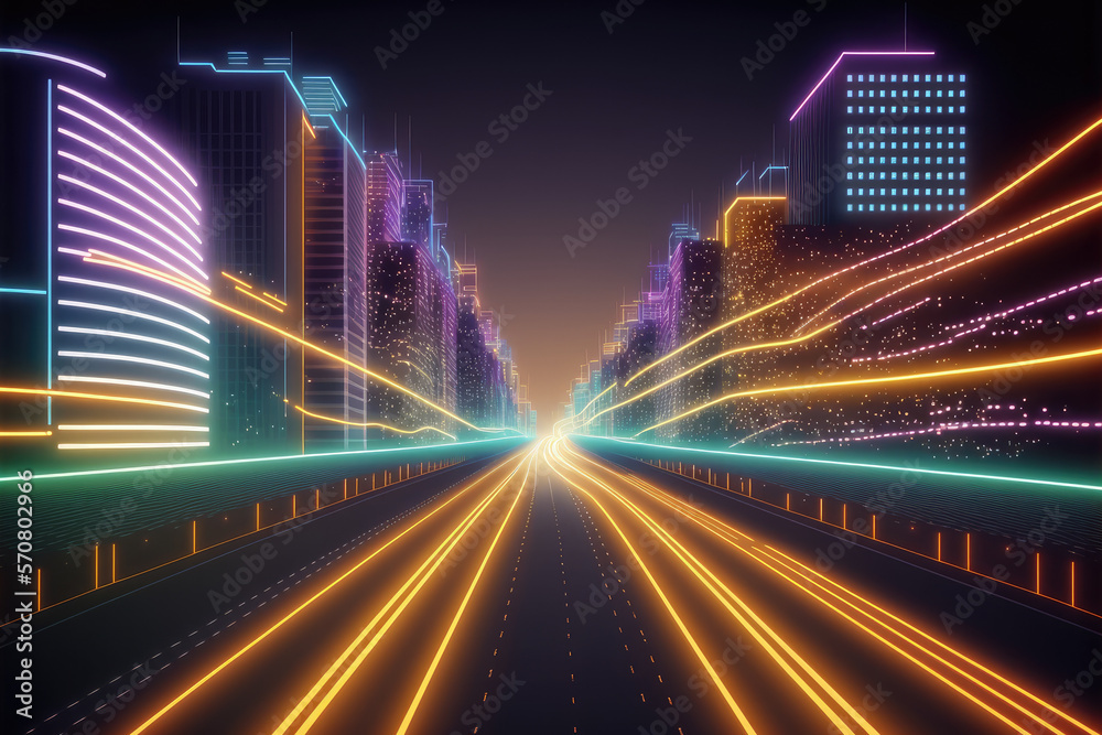 Abstract highway path through digital smart city graphic design. Peculiar AI generative image.