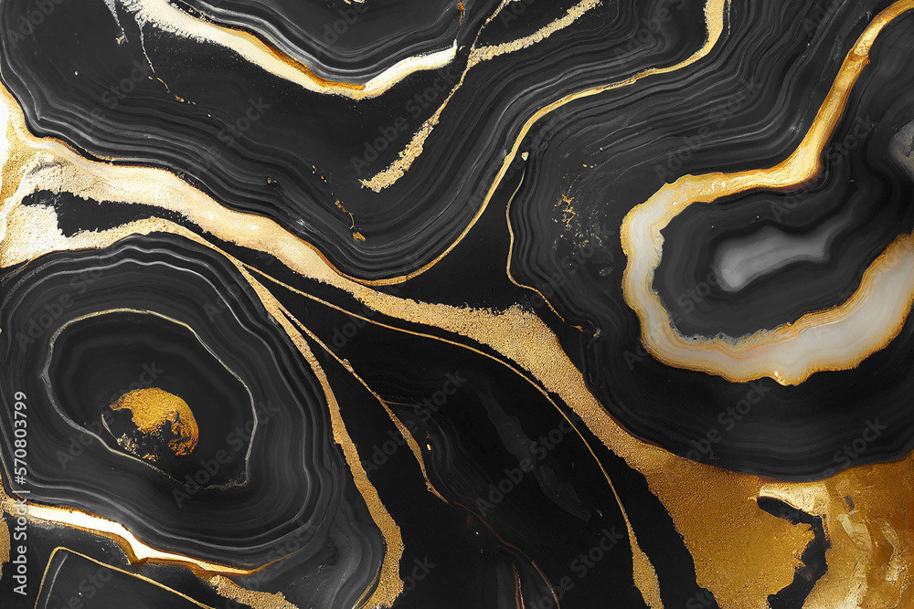 Abstract art background with a fluid marble black and gold texture. Splendid generative AI luxury ab