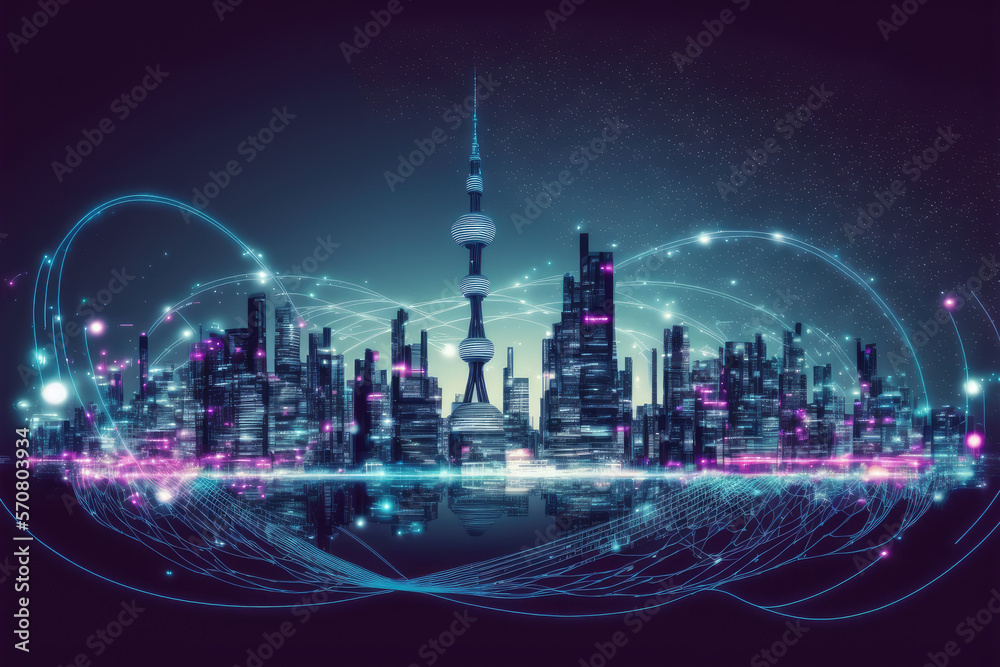 Smart city with communication network graphic connecting the city with wireless internet technology.