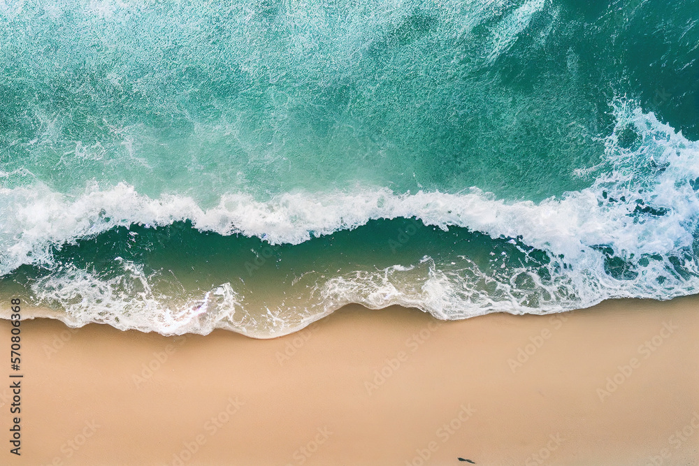 Spectacular top view from drone photo of beautiful beach with relaxing sunlight, sea water waves pou