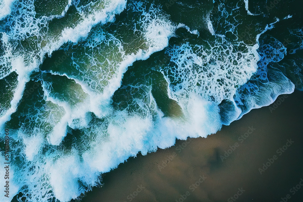 Spectacular top view from drone photo of beautiful beach with relaxing sunlight, sea water waves pou