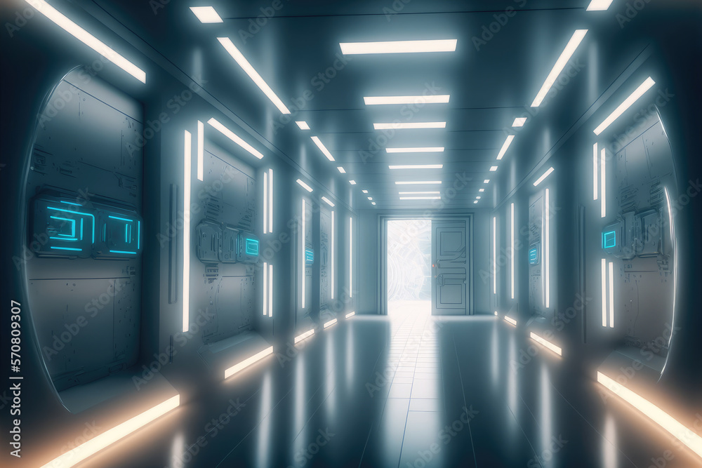 Empty sci-fi futuristic room of spaceship with blue light decoration . Super modern interior design.