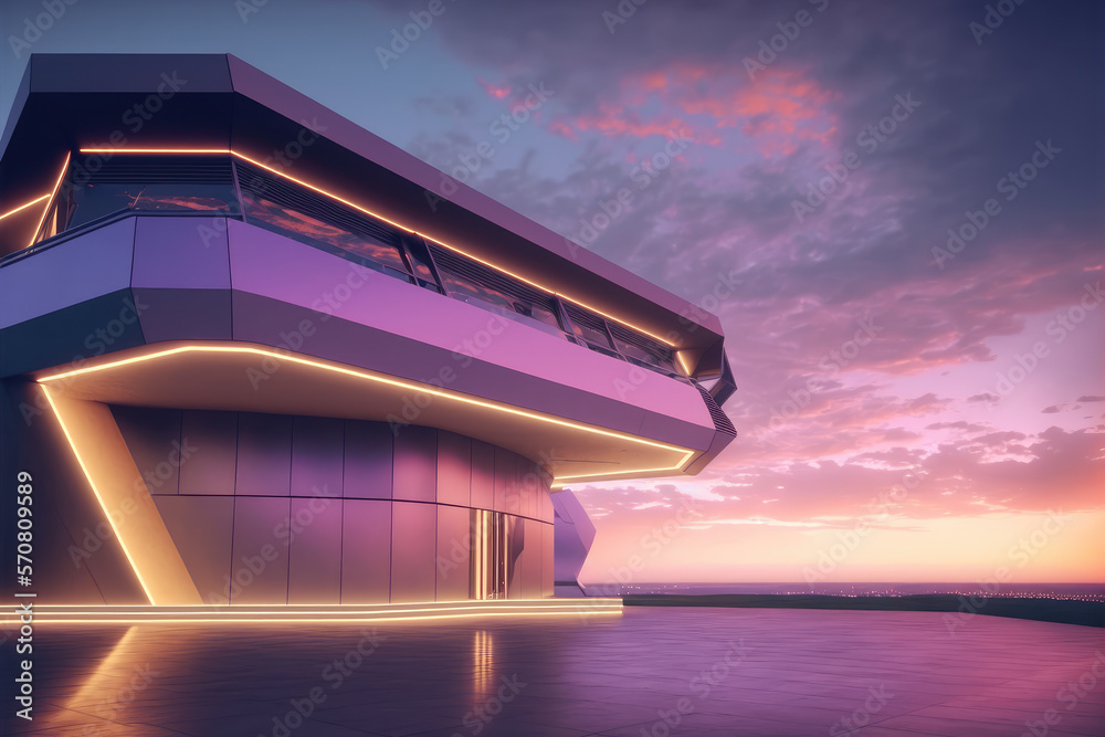 Sunset view of empty balcony floor on corridor of modern building exterior. Peculiar AI generative i