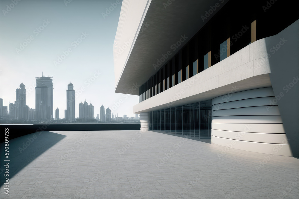 Modern architecture building design with empty concrete floor and urban city skyline in background s