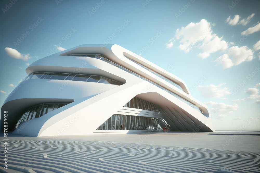 Futuristic architecture of modern hall entrance facade with empty concrete corridor under bright blu