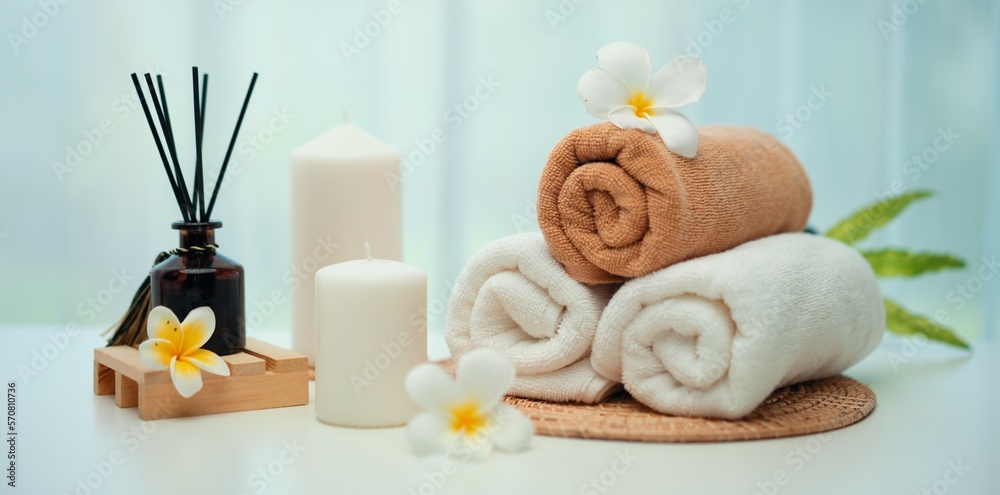 Spa accessory composition set in day spa hotel , beauty wellness center . Spa product are placed in 