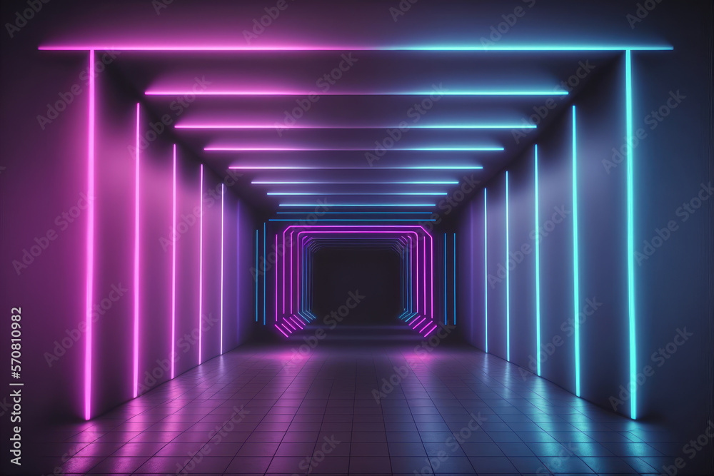 Neon light corridor tunnel with diminishing perspective view . Futuristic walking pathway. Peculiar 