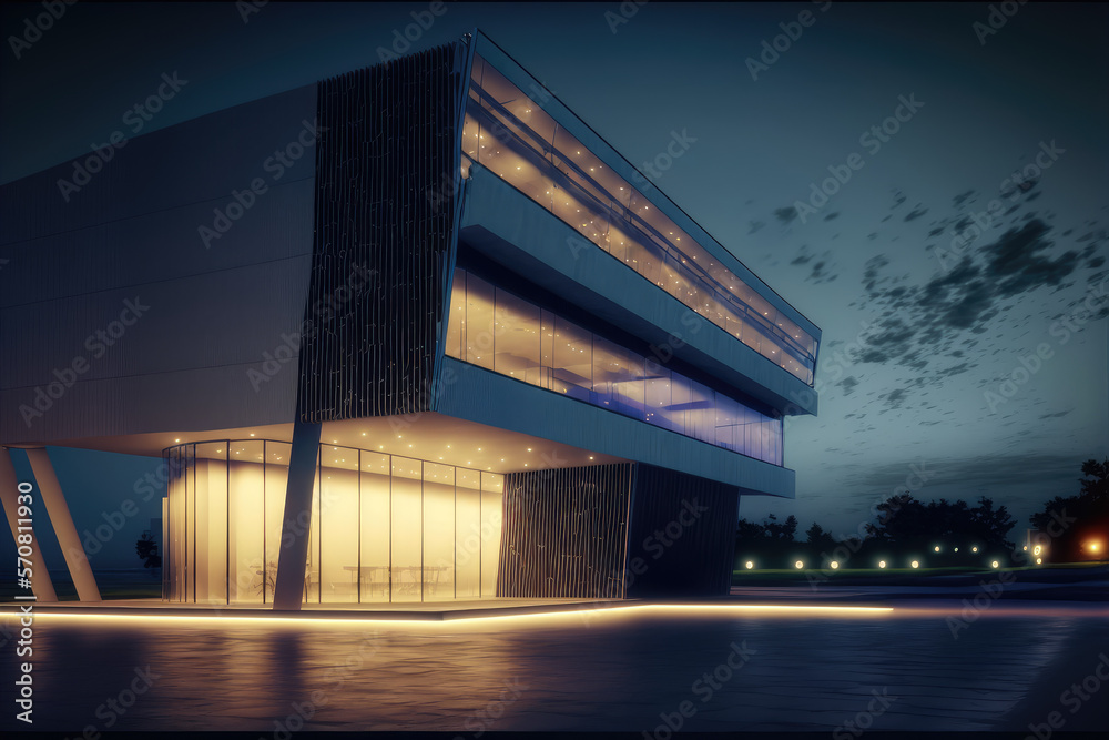 Office buildings and modern architecture at night. Peculiar AI generative image.