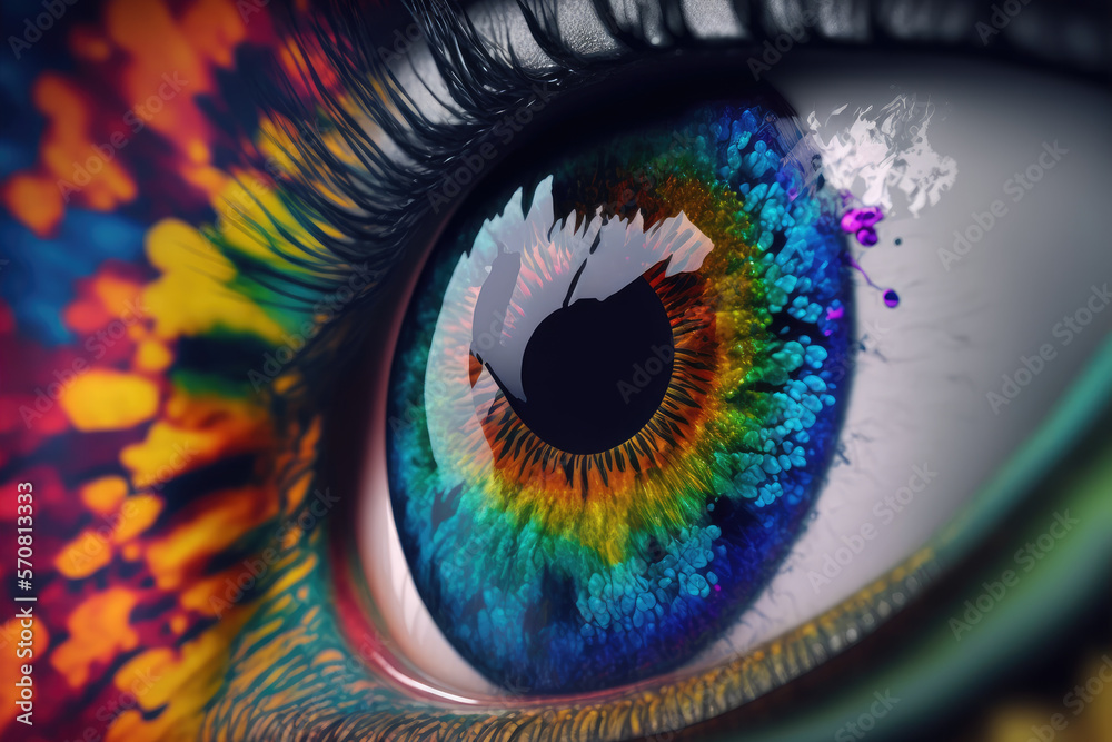 Close up view of female eye with multicolored eyeball and colorful makeup powder. Peculiar AI genera