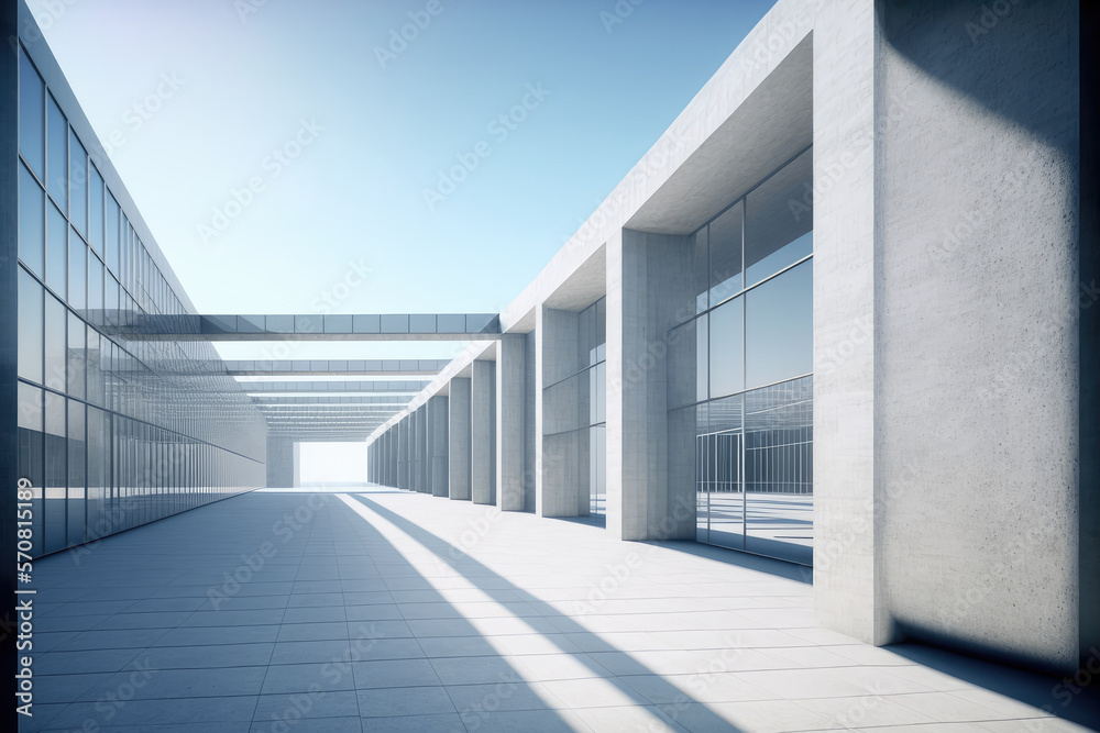 Modern architecture exterior of public hall entrance in urban building outdoor under bright sky with