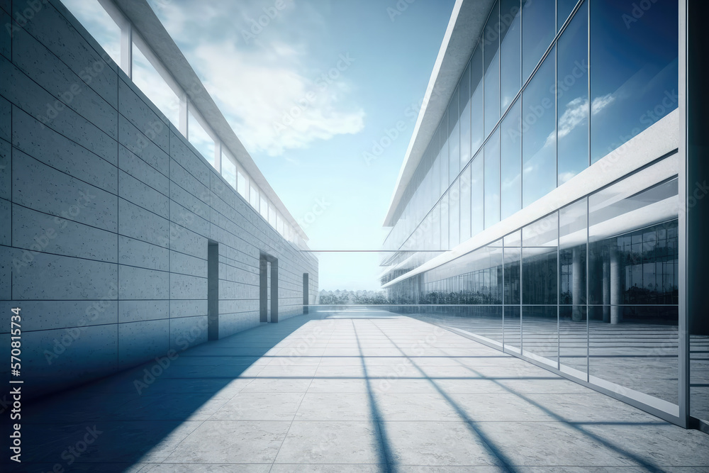 Modern architecture exterior of public hall entrance in urban building outdoor under bright sky with