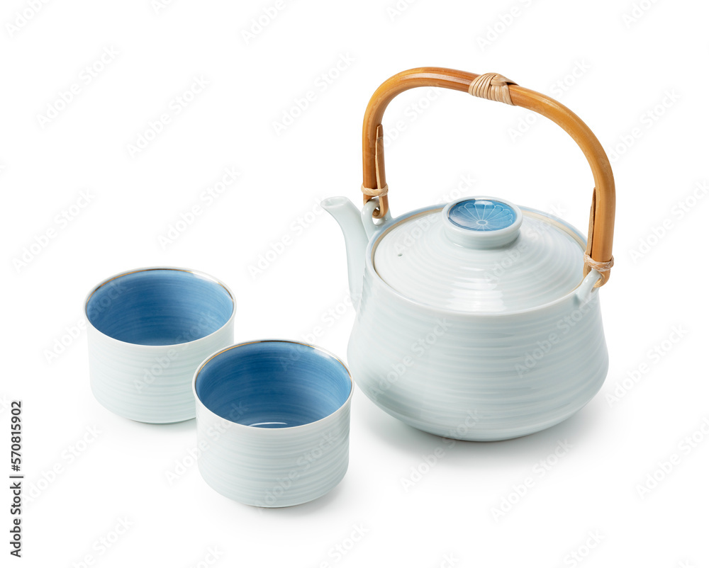 Japanese teacups and teapots placed against a white background.