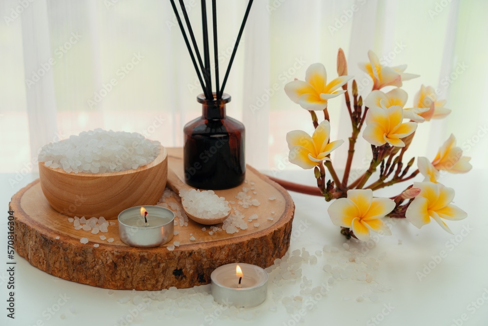 Spa accessory composition set in day spa hotel , beauty wellness center . Spa product are placed in 