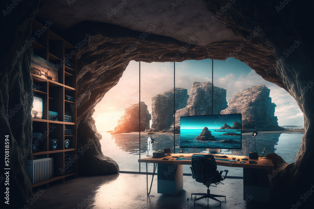 Imaginary home workspace in rocky cave with a large window overlooking ocean ridge landscape . Dream