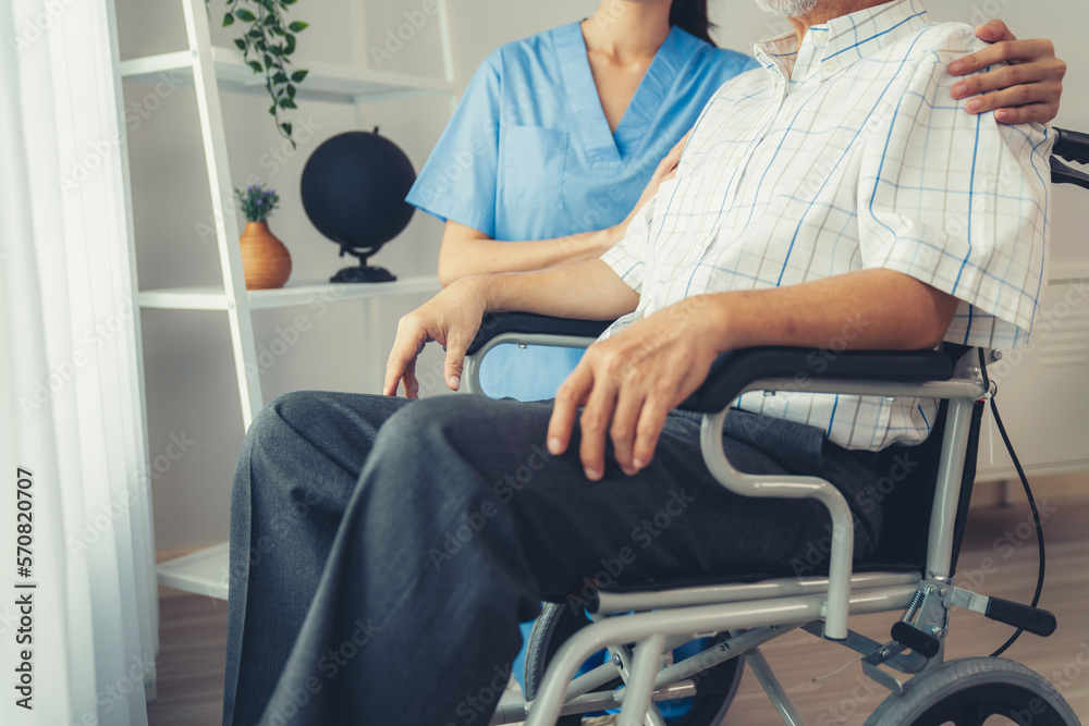 Caring nurse and a contented senior man in a wheel chair at home, nursing house. Medical for elderly