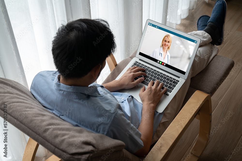 Doctor video call online by modish telemedicine software application for virtual meeting with patien