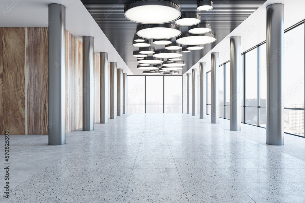 Spacious modern abstract corridor hall in business center with metallic pillars, wooden walls, concr