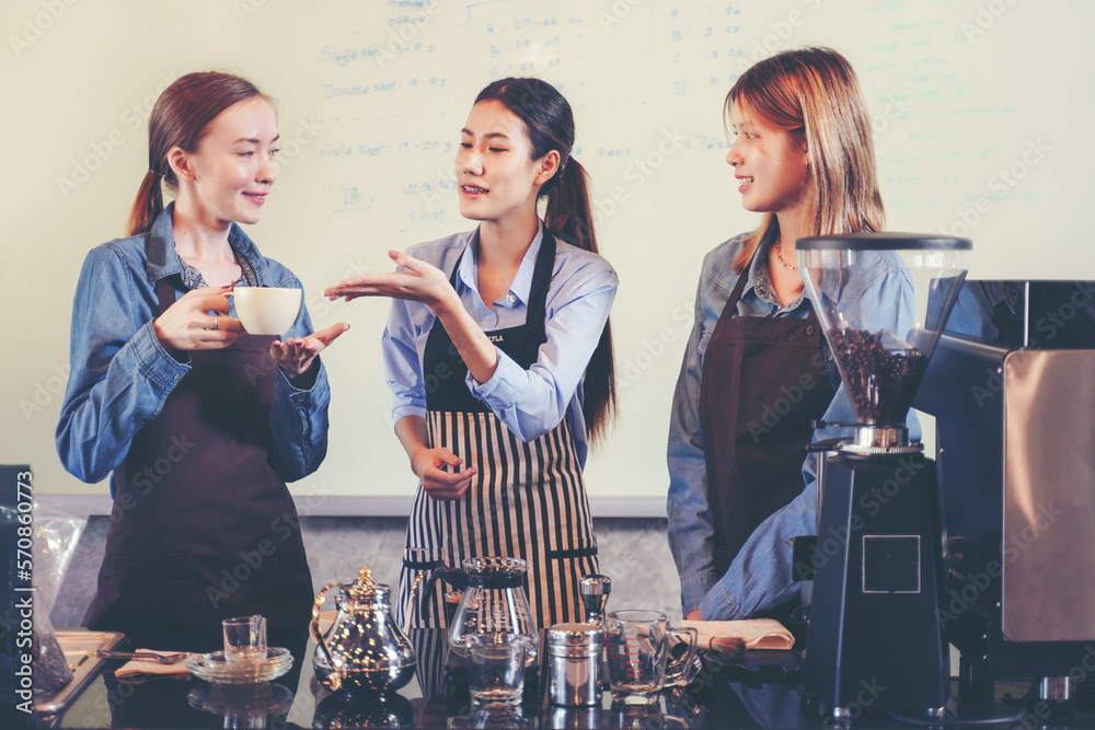 Group woman people leaning and education workshop for classes barista coffee in cafe room.  Preparin