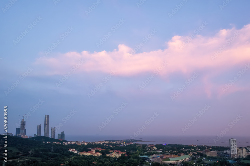 Sunset natural landscape and urban skyline