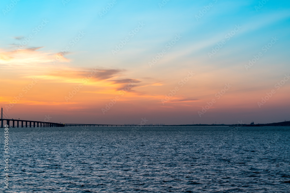 Sunset natural landscape and urban skyline