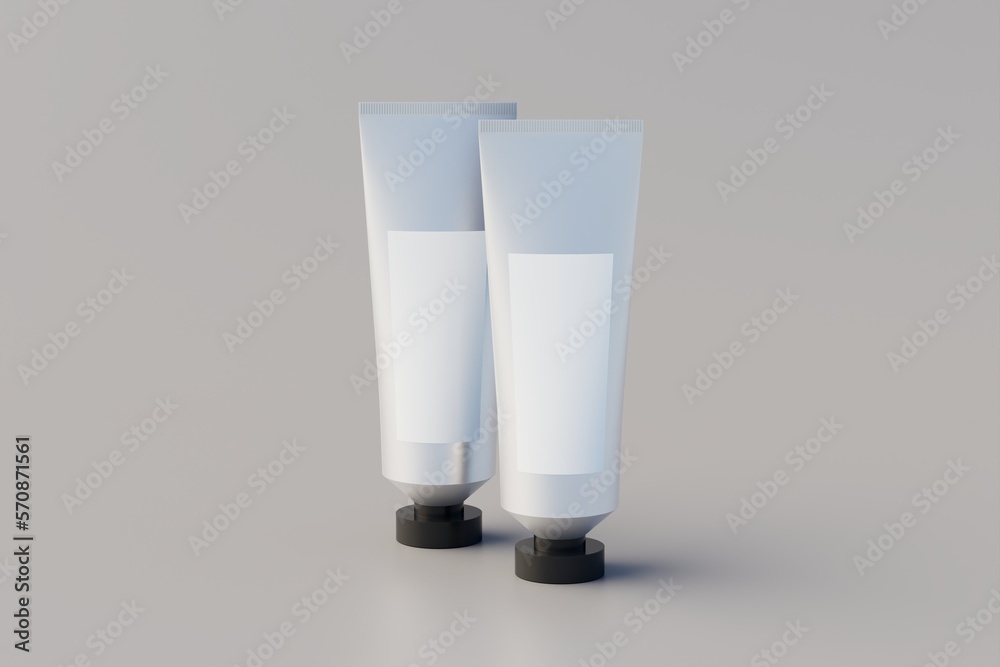 Aluminum Plastic Cosmetic Multiple Paint Tube Mockup Blank Label. 3D Illustration