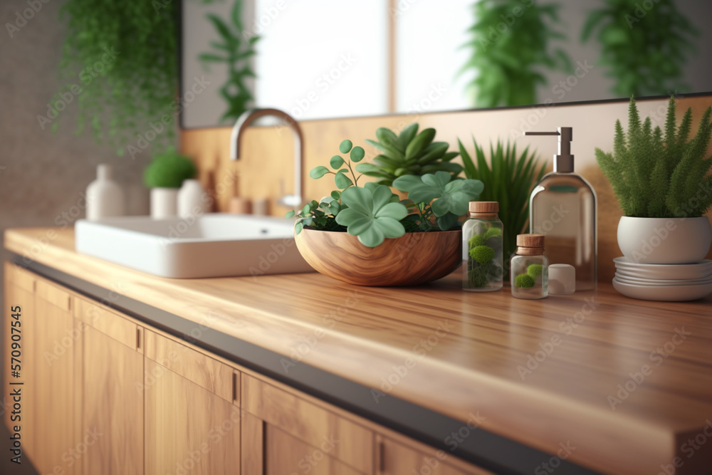 Perspective light brown wooden table, counter in the bathroom, mock-up for montage products display 