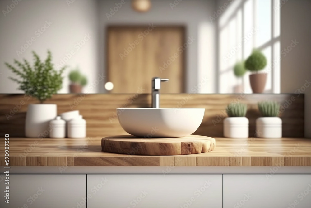 Perspective light brown wooden table, counter in the bathroom, mock-up for montage products display 