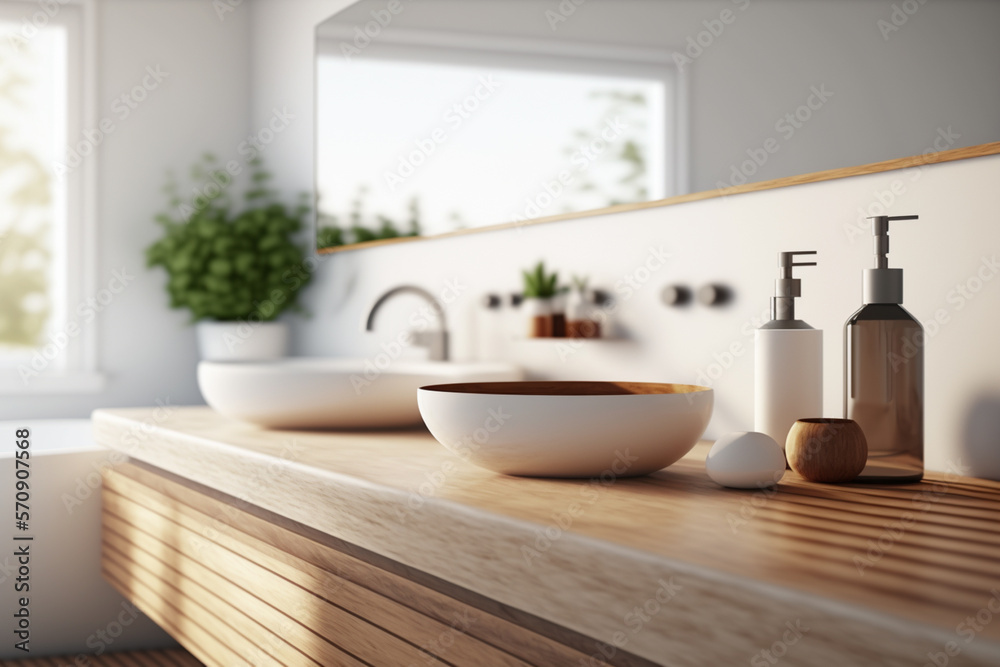 Perspective light brown wooden table, counter in the bathroom, mock-up for montage products display 