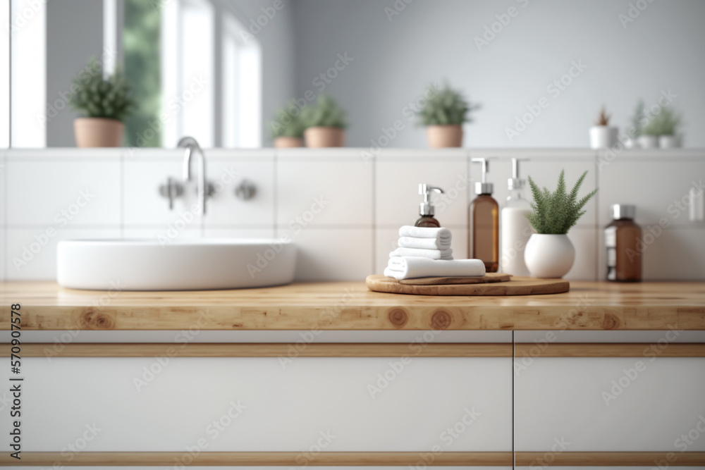 Perspective light brown wooden table, counter in the bathroom, mock-up for montage products display 