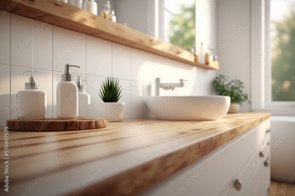 Perspective light brown wooden table, counter in the bathroom, mock-up for montage products display 