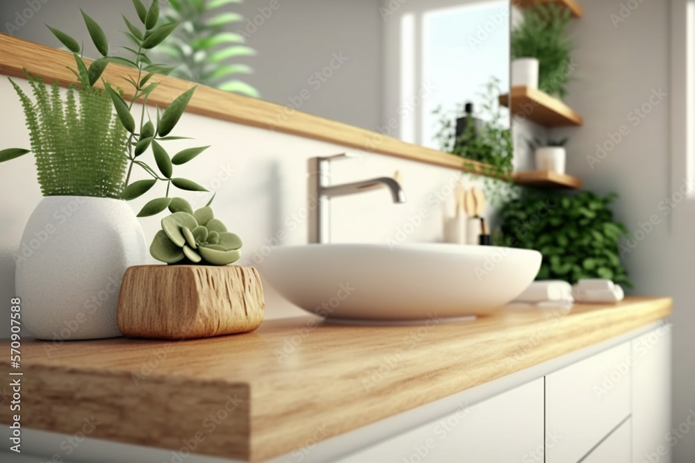 Perspective light brown wooden table, counter in the bathroom, mock-up for montage products display 