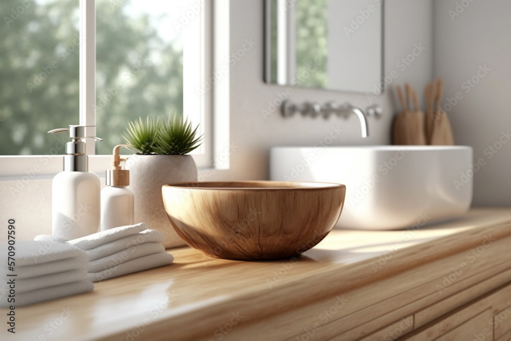 Perspective light brown wooden table, counter in the bathroom, mock-up for montage products display 