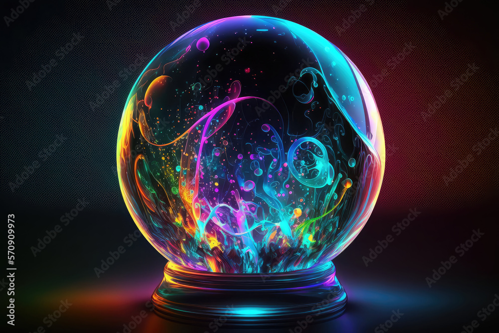 Magic glass ball. Neon light, neon. Fantasy ball. 3D illustration (ai generated)