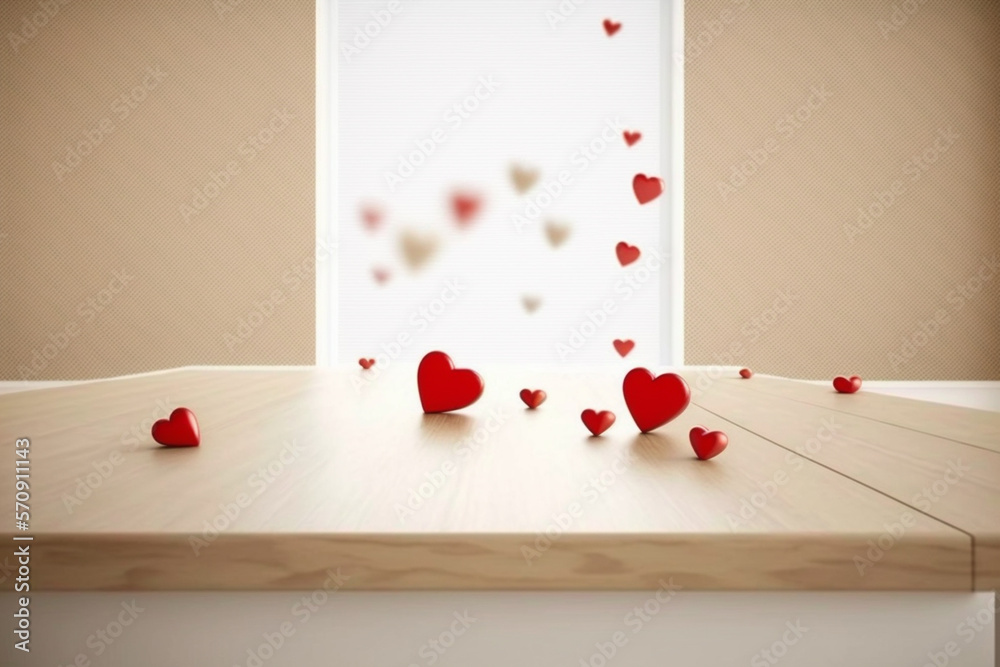 The perspective wood table over the blur beige background with silver hearts, mock-up for montage pr