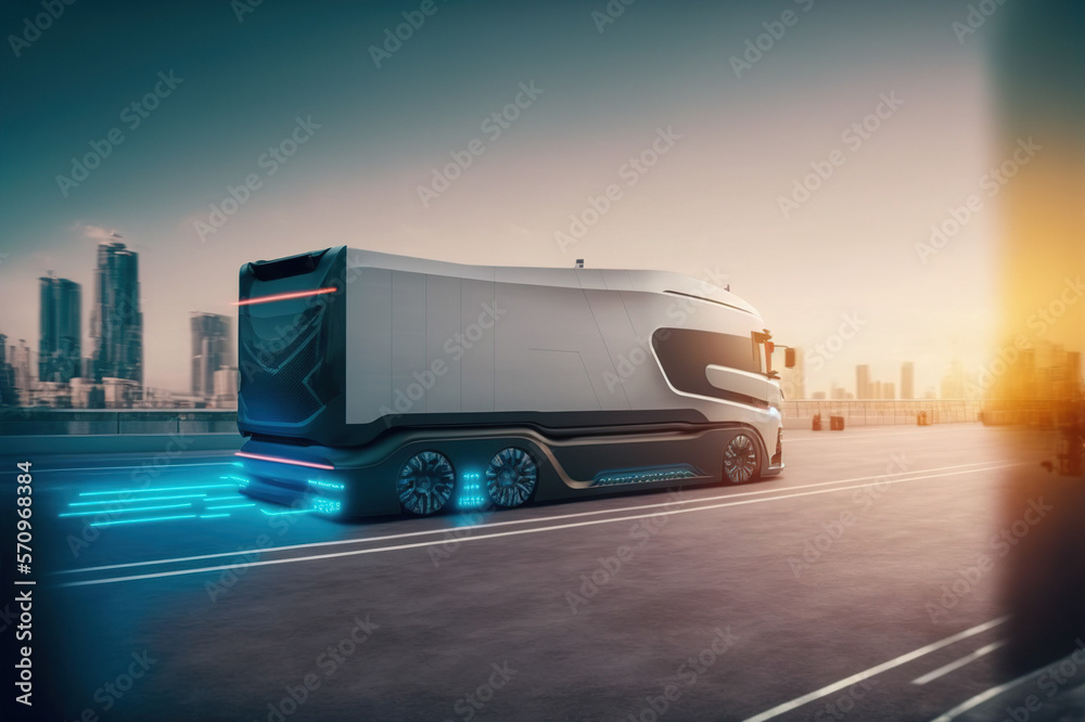 Self driving futuristic freight truck deliver goods to warehouse on city highway road with advanced 