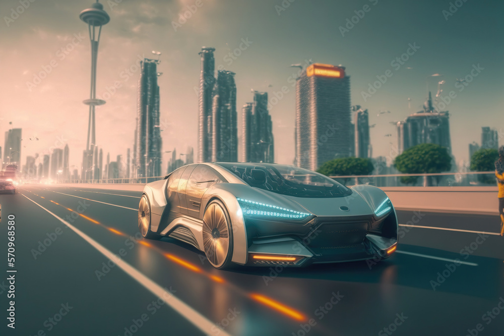 Fast electric car with luxury futuristic autonomous sensor software driving on road in downtown city