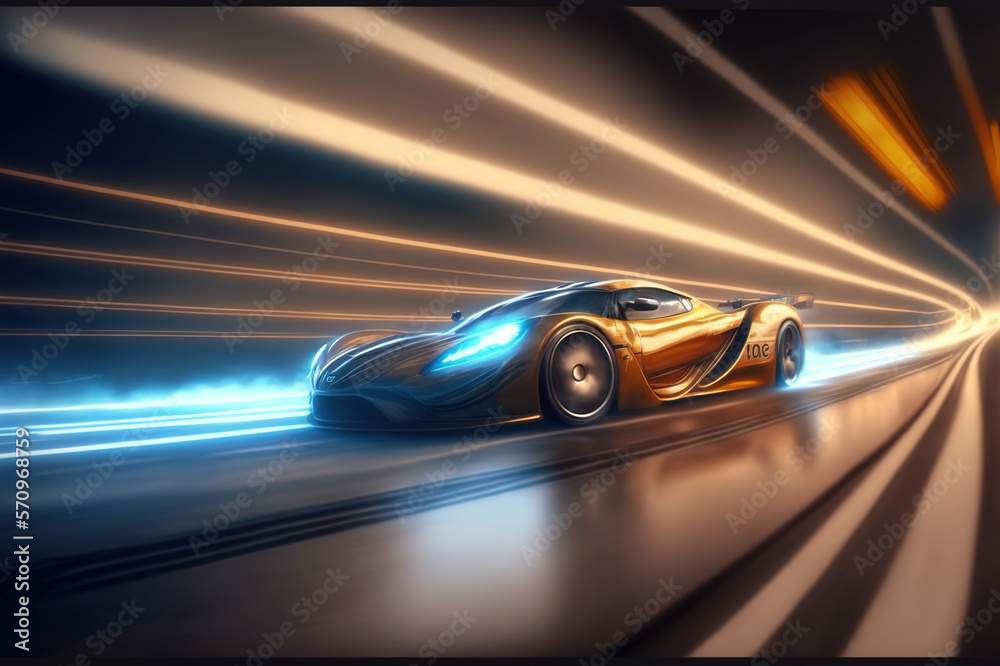 Speeding fast sports car drives on highway road with motion blur effects creating light trailing env