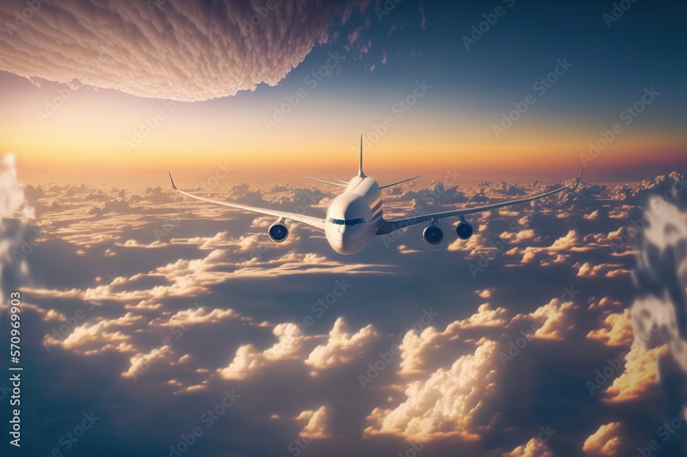 Airplane flying in the sky . Passenger airline travel and tourism . Sublime Generative AI image .