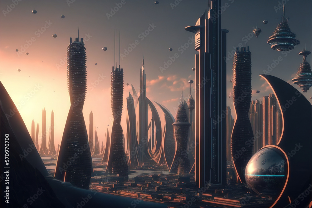 Skyline of futuristic city with fictional architecture in panoramic view . Megalopolis landscape wit