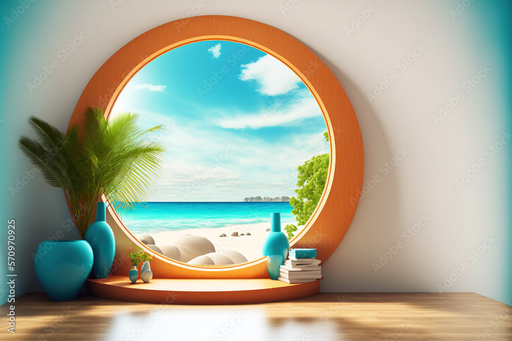 A room with round glass window overlooking beautiful landscape background . Hotel futuristic showroo