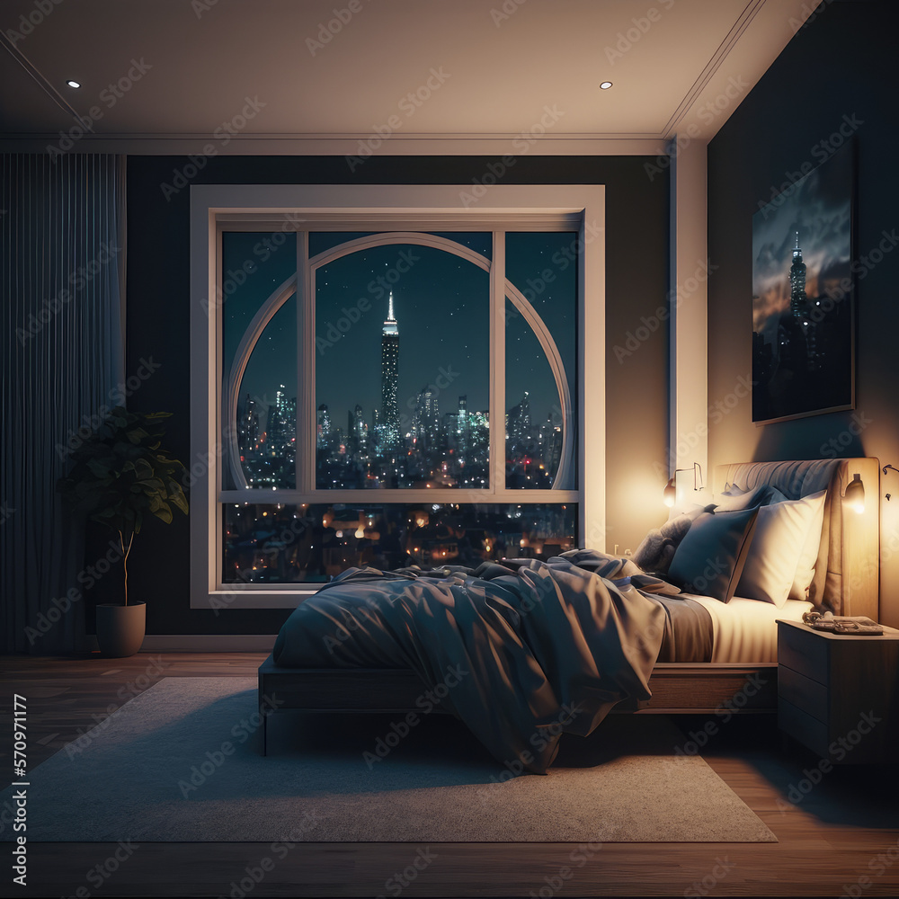 Interior of luxury penthouse bedroom at night. Peculiar AI generative image.