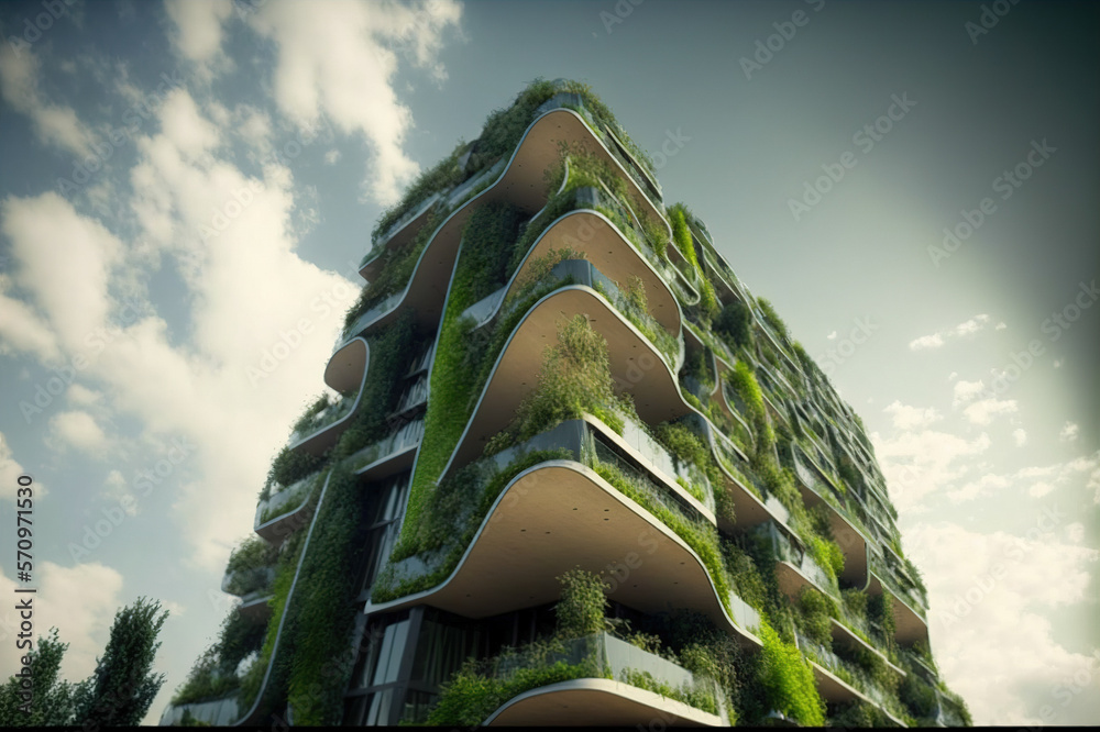 Eco-friendly green building with vertical garden design for sustainability . Sublime Generative AI i